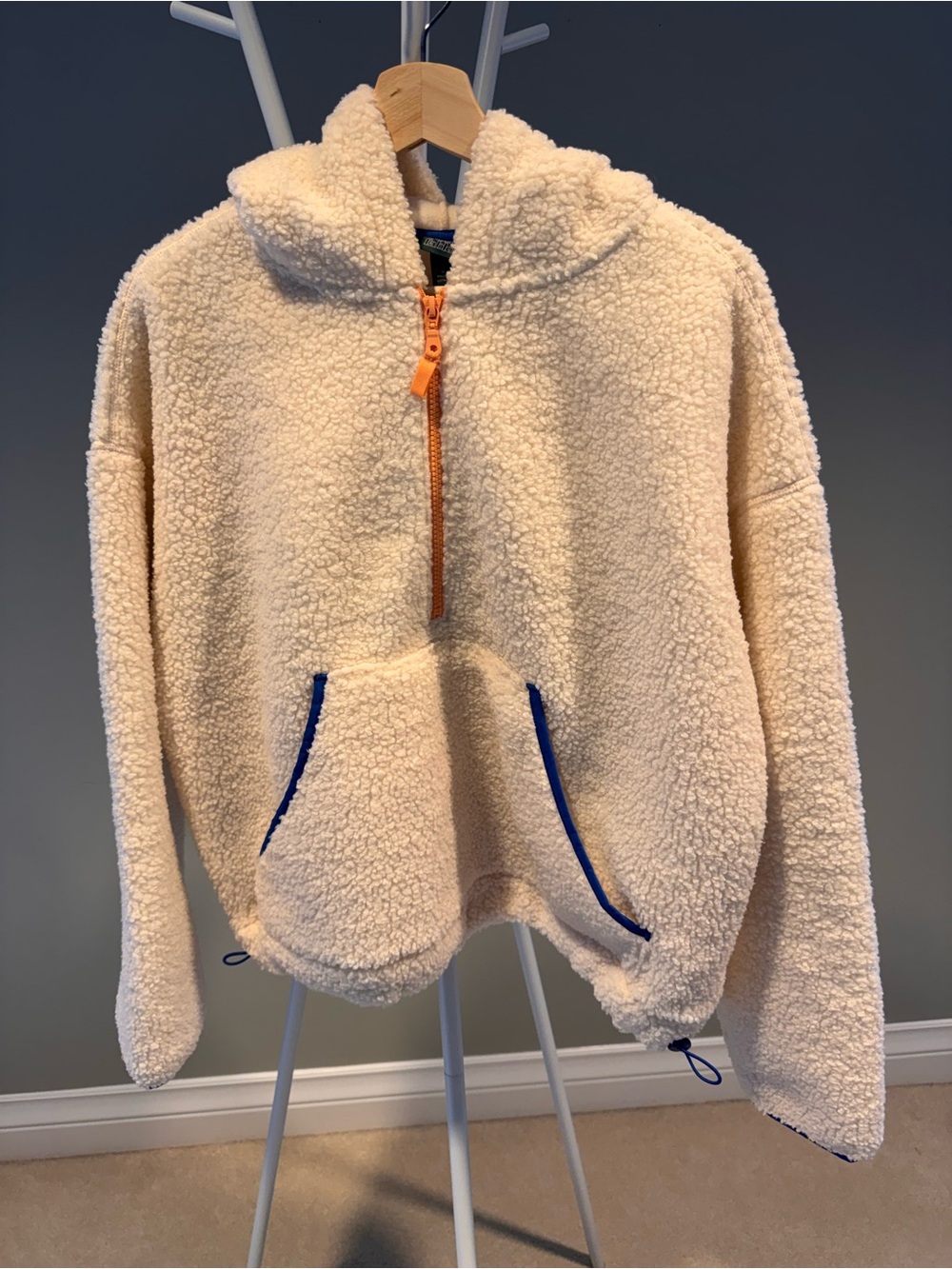 wild fable ivory Sherpa Half-Zip Hoodie with Orange Zipper and Blue Trim
